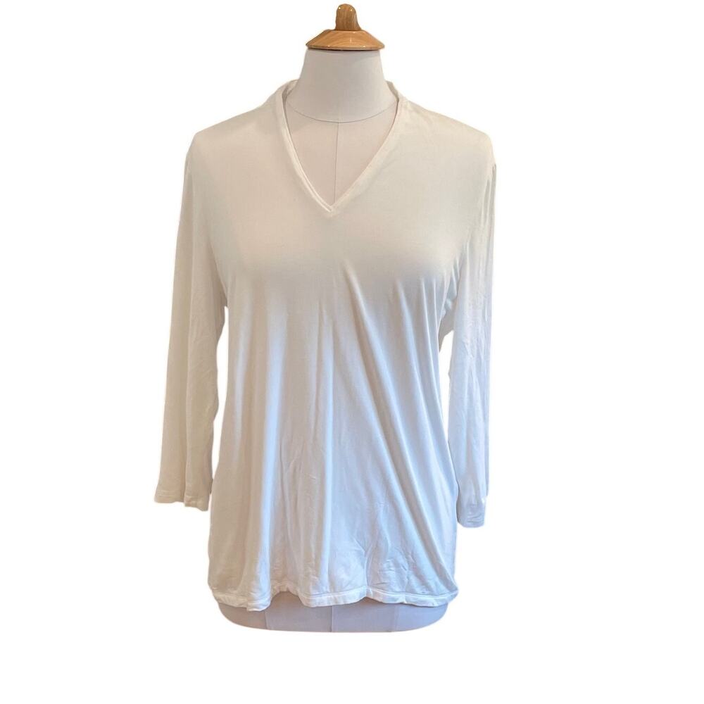 Chico's 2 White Jersey Knit V-Neck 3/4 Sleeve Flowy Top, Minimalist, Casual, L